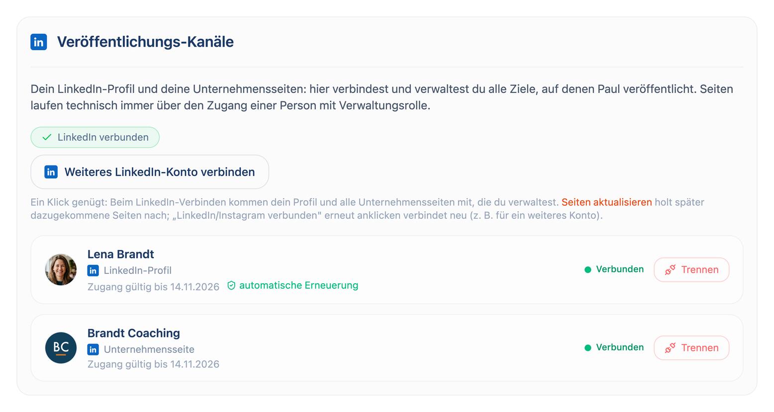 Die Übersicht der Veröffentlichungs-Kanäle mit Profil und Unternehmensseite