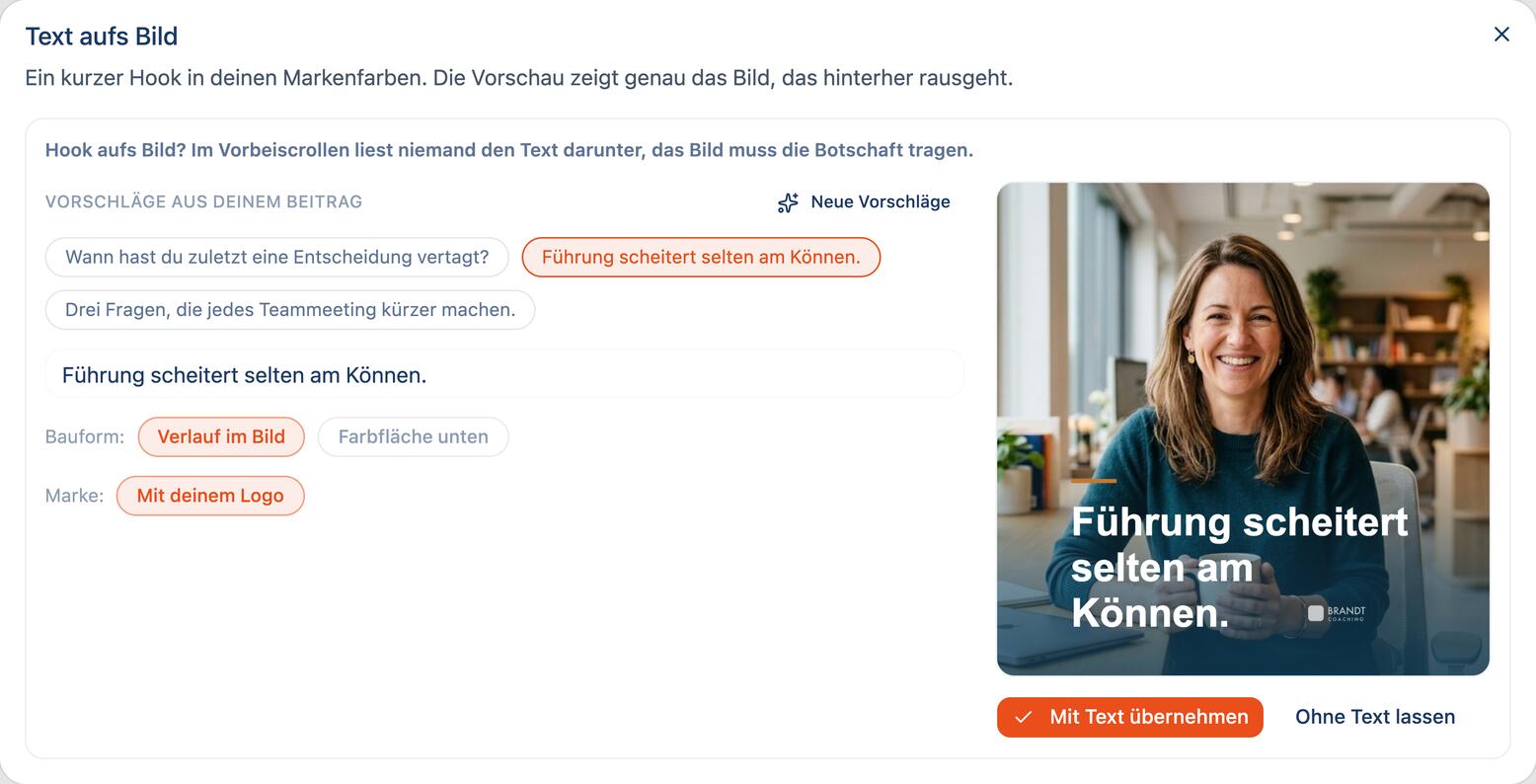 Der Dialog Text aufs Bild mit drei Vorschlägen und der fertigen Vorschau