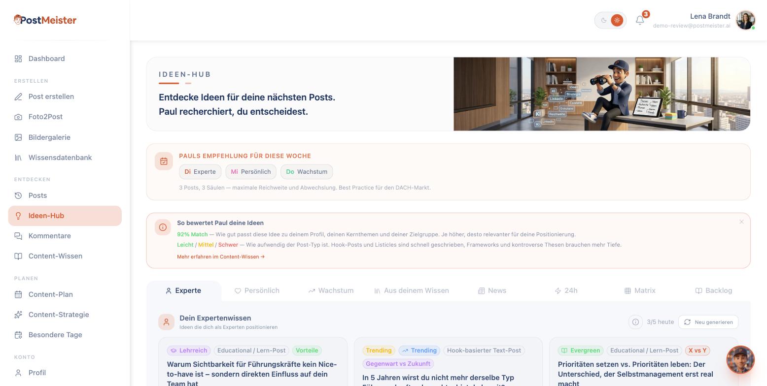 Ideen-Hub, kuratierte Post-Ideen mit Match-Score